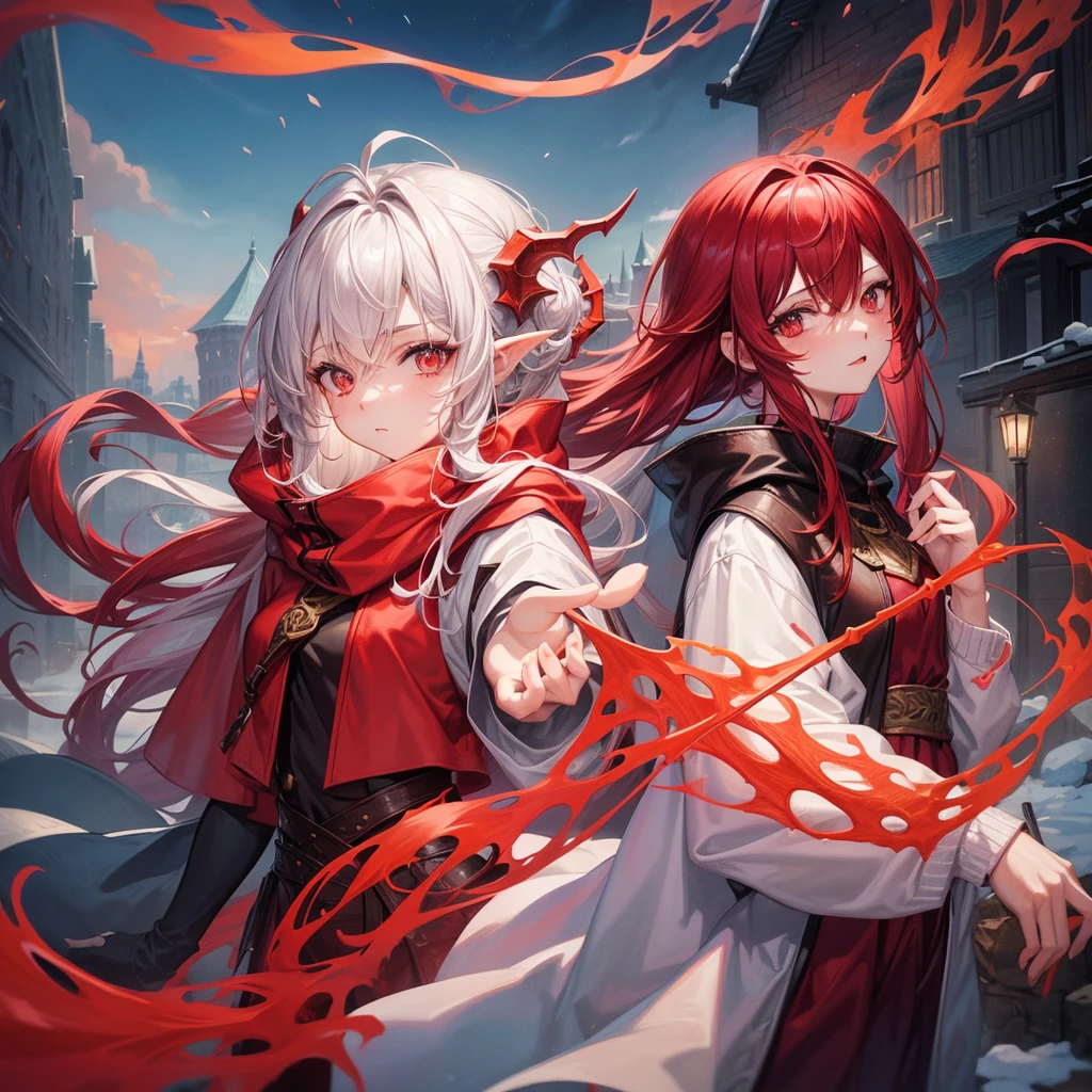 (female, half human, half red dragon wizard) Style anime, adolescent, couragious, red scales, casting a spell, using a wooden staff, winter clothes