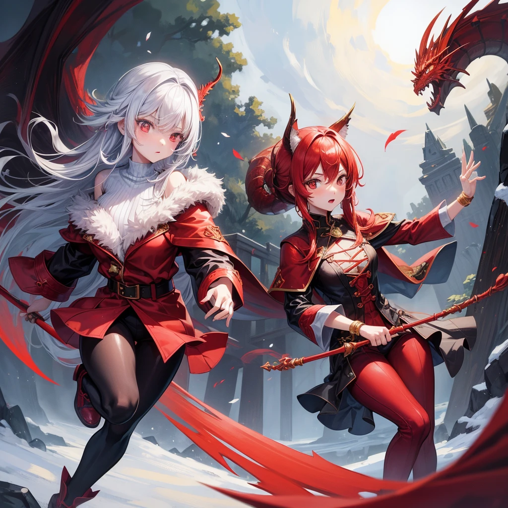 (female, half human, half red dragon wizard) Style anime, adolescent, couragious, red scales, casting a spell, using a wooden staff, winter clothes