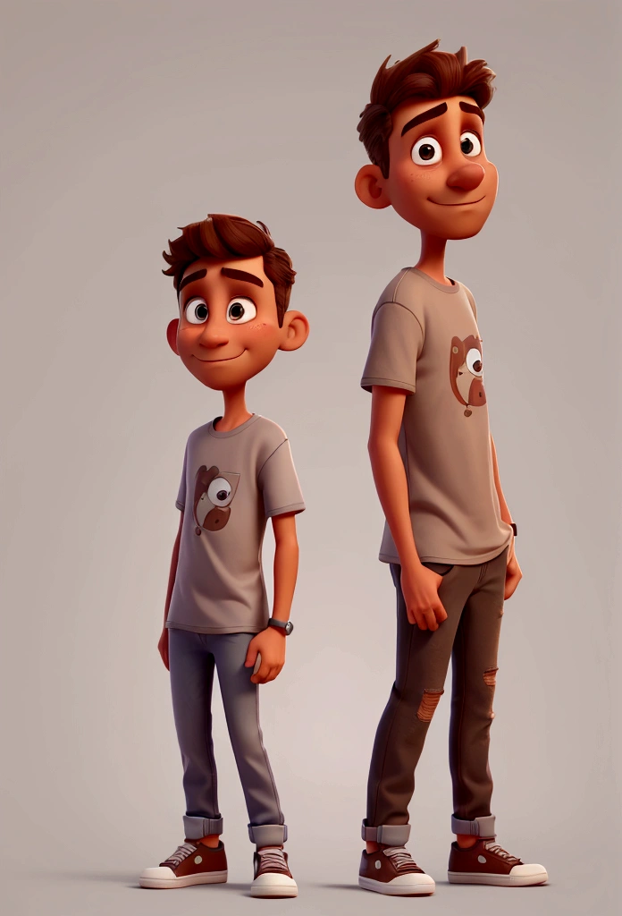 a man, middle aged, brown, hair shaved low, flat nose and thin mouth, thin, wearing a gray t-shirt and jeans, with Disney style sneakers