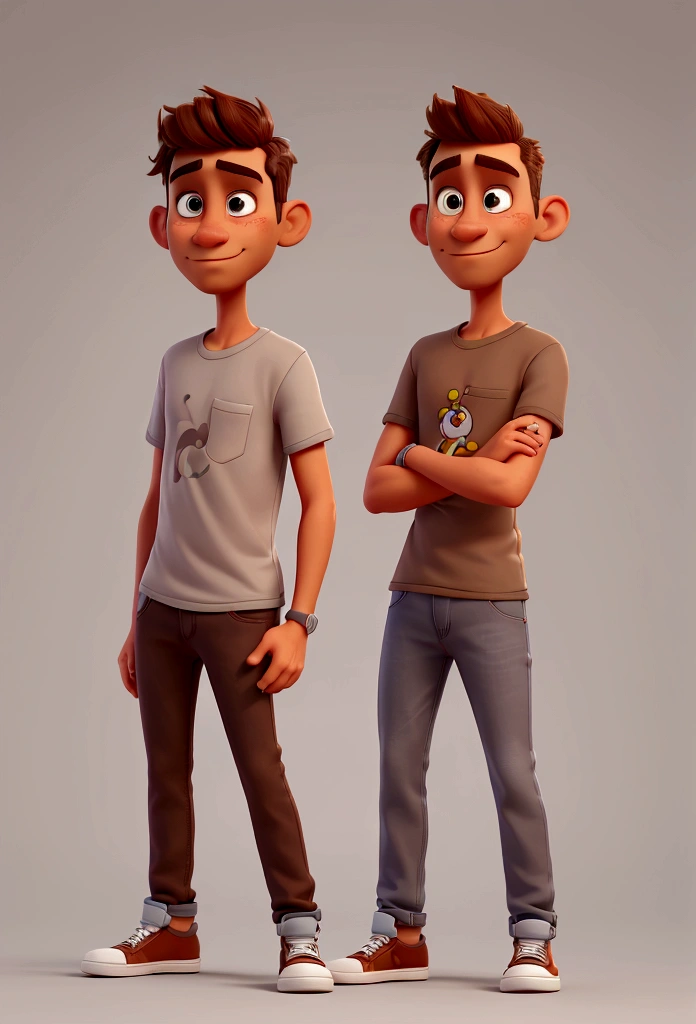 a man, middle aged, brown, hair shaved low, flat nose and thin mouth, thin, wearing a gray t-shirt and jeans, with Disney style sneakers