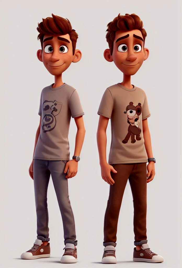 a man, middle aged, brown, hair shaved low, flat nose and thin mouth, thin, wearing a gray t-shirt and jeans, with Disney style sneakers