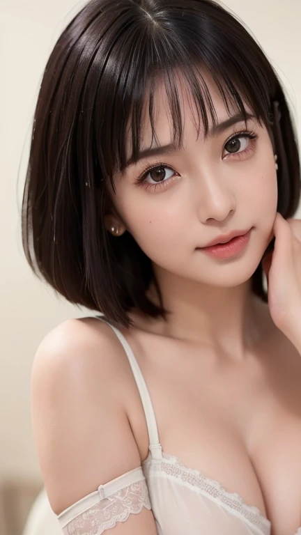 （masterpiece）、(Highest quality:1.5)、(Photorealistic:1.2)、(Surreal), (High resolution), (Realistic), (Post-processing),(Sharp focus), Sharp focus:1.2,バックLight, (Improvement of quality:1.4), Healthy thighs、(Narrow waist)、Big Ass、((Perfectly detailed five-fingered hands)),（Anatomically correct body）、((1 female:1.4))、Japanese、Realistic Skin、（Small chest：1.4）、Bust size is B cup、Pretty woman with perfect figure:1.4,(from the front:1.5), (Enhances the beauty of skin texture:1.1),No makeup、美しいBlack Hair、最高のsmile、Natural color lip、(Small Mouth:1.4)、(Oval Face)、Even bangs、Hide eyebrows with bangs、((29-year-old woman))、Bob Hair、Hair blowing in the wind, (Black Hair, Iris, Watery eyes, Shining Eyes, Bob Cut Hair, Small earrings,), Hair behind the ear、No makeup、(Drooping eyes)、Drooping eye corners、Photos taken by a professional photographer，1 girl, かわいいsmile,whole body、(((One lovely woman)),((優しい大きなsmile)),(( Small breasts,Small breastsの谷間)),((((Plump Cheeks)))),((whole body：1.５)),(((((Photorealistic:1.4))),((((whole body写真))),(The body is slim)),((Lens flare),(Narrow waist)),Standing Random Pose, smile, Natural Breasts, Perfect lighting, (Mysterious), Clear and detailed,Stylish short sleeve top、Silky Hair、30-year-old woman(背景にWhite wall、Straight hair:1.4)、White wall、In front of the white door、(窓のあるWhite wallの部屋)、((Highest quality、8K、masterpiece:1.3))、超High resolution、(photoGenuineistic:1.4)、RAW Photos、Japanese,(detailed aspects)、Genuine、Photographed in natural light、Highly detailed face and skin texture、Highly detailed lips、The correct state of the human body、Natural color lip、Shiny Hair,(((ダークグレーのセクシーなランジェリーを着たBeautiful woman:1.25))),(Close-up portrait of a woman wearing a sexy garter belt。:1.2))),Sexy pose,European Room (European Room, Gorgeous Model, Sexy Woman, ((stockings:1.1)),((good:1.3,)), Wall leaning pose, Beautiful woman,(((There&#39;s a lot of gap between the legs))),Bedroom,Light