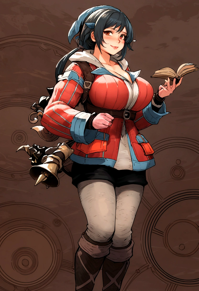 ((monsterhunter)), looking the viewer, solo, girl, shy, red cheek, bashful, embarrassed, smiling, perfect face, ((big breasts)), ((big boobs)), long hair, beautiful eye,