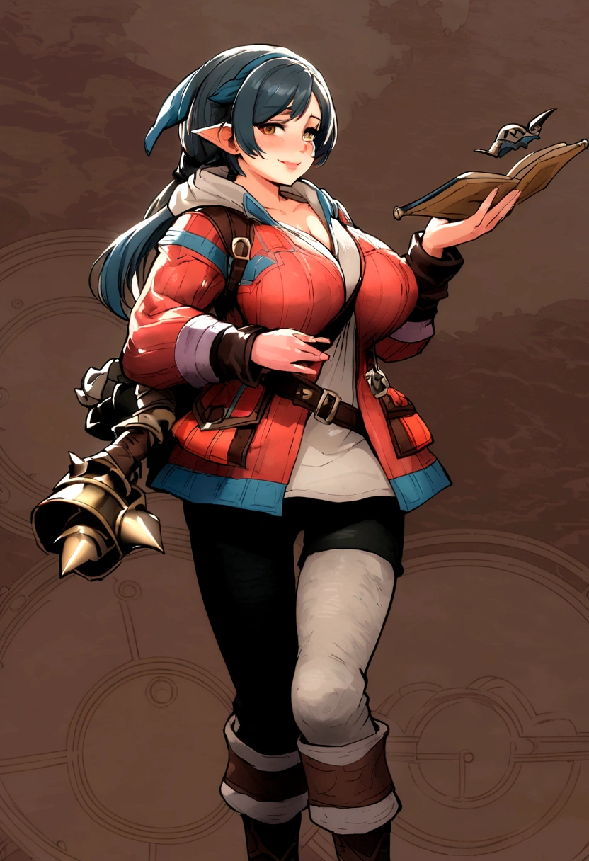 ((monsterhunter)), looking the viewer, solo, girl, shy, red cheek, bashful, embarrassed, smiling, perfect face, ((big breasts)), ((big boobs)), long hair, beautiful eye,