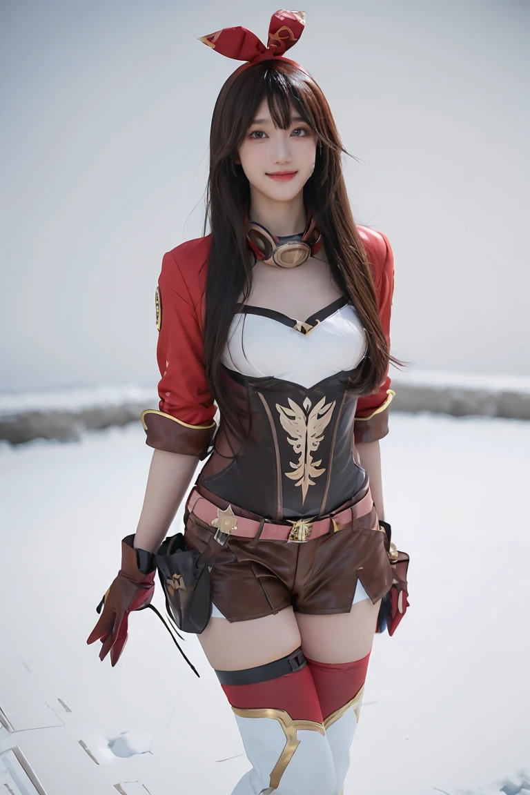 best quality, masterpiece, photorealistic, 1girl, solo, standing, arms at side, cowboy shot, looking at viewer, smile, closed mouth, bangs, hair between eyes, amber cosplay costume, amber, cosplay, cropped jacket, gloves, shorts, thighhighs, goggles around neck, white boots, belt, high heel boots, thigh strap, thighhighs under boots, 