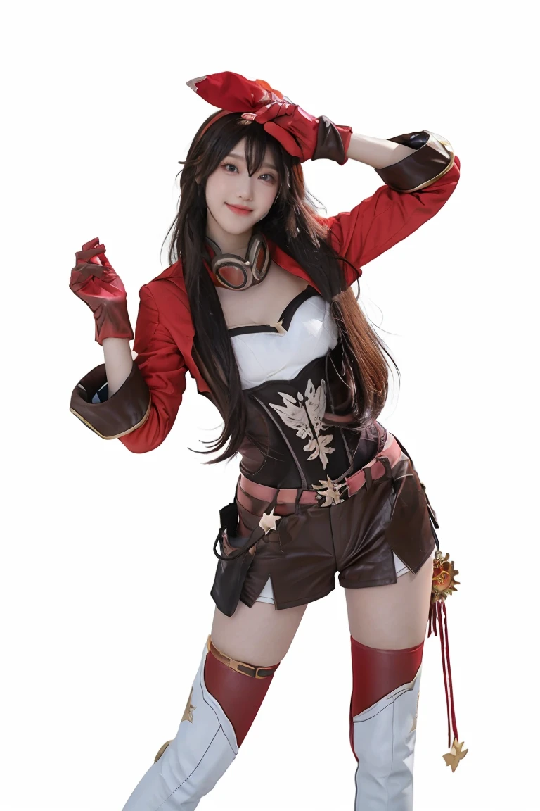 best quality, masterpiece, photorealistic, 1girl, solo, standing, arms at side, cowboy shot, looking at viewer, smile, closed mouth, bangs, hair between eyes, amber cosplay costume, amber, cosplay, cropped jacket, gloves, shorts, thighhighs, goggles around neck, white boots, belt, high heel boots, thigh strap, thighhighs under boots,