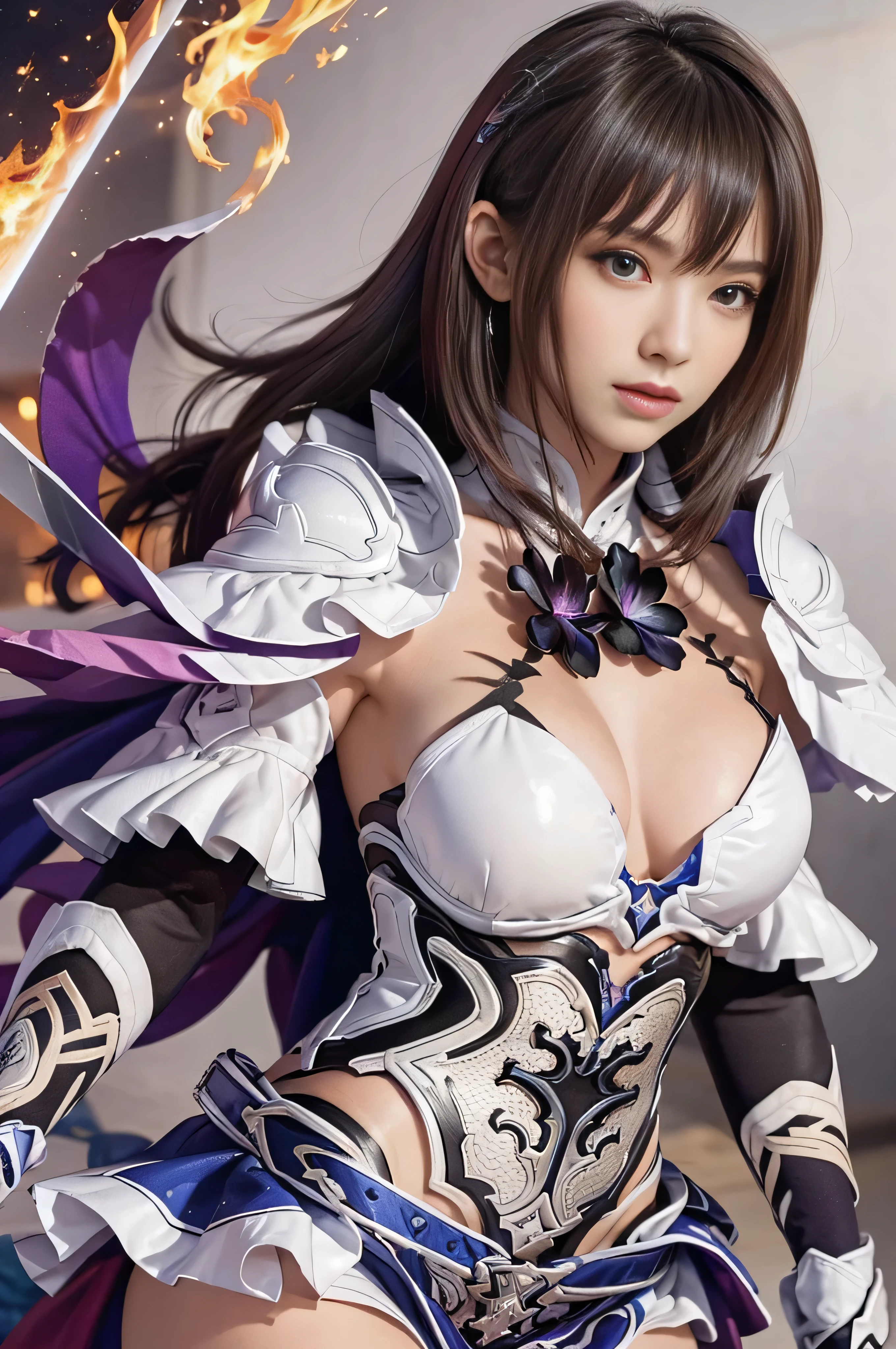 high resolution、Great quality、High resolution、4K、Fantasy girl with light brown hair、, The chest is a huge chest、Side boo boo, Slender figure, There are lots of folded decorations、Pantyhose that are slightly see-through、Medieval RPG-style clothing made with plenty of fabric、(Close-up portrait of a person holding a large sword:1.4),  high quality character design, Great character design, Female Knight, Interesting character design, RPG Characters,, Female protagonist 👀 :8, Armor Girl, Full body character design，Full body shot in gravure pose、Exposing the breasts、Erotic、