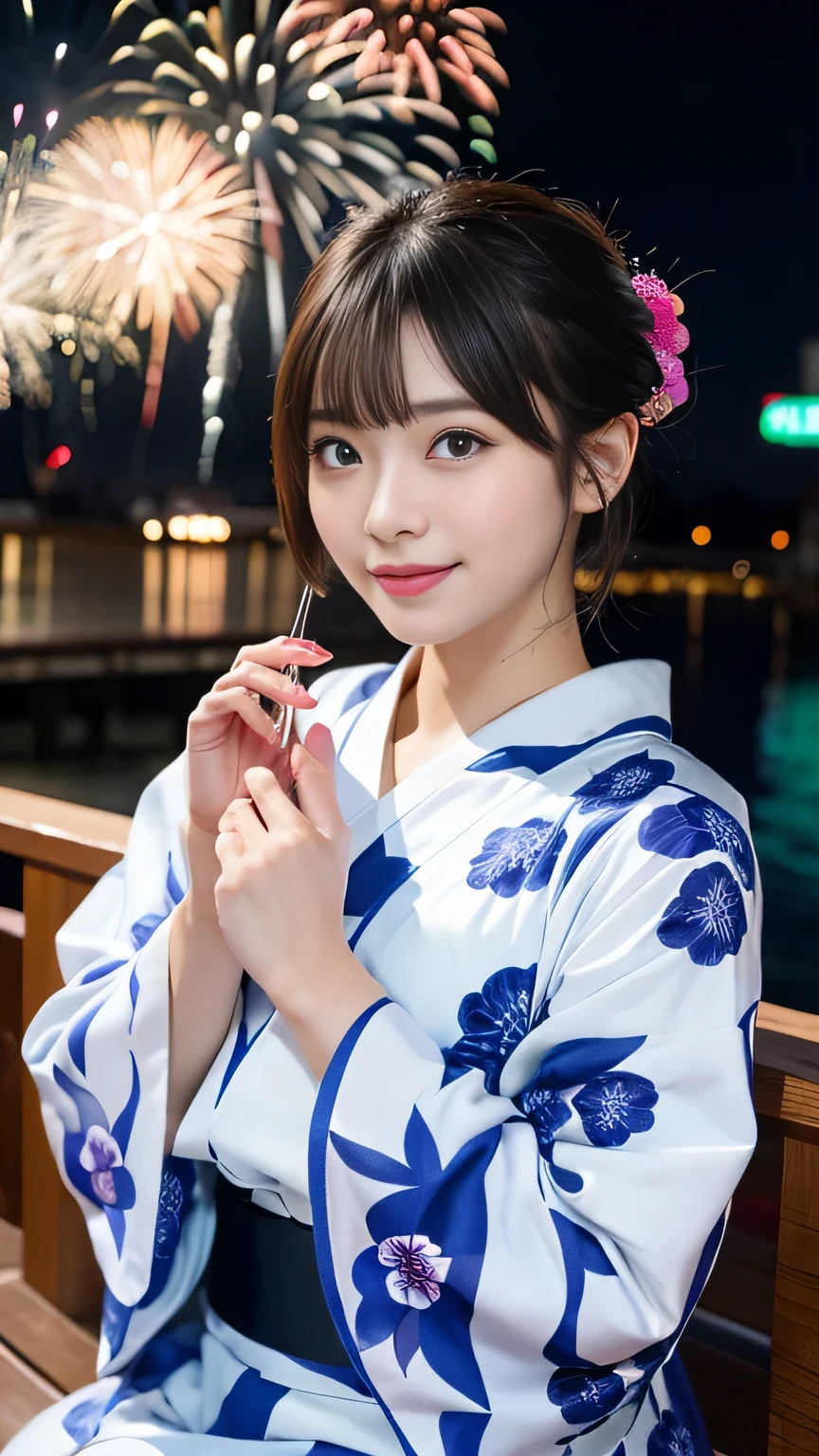 (8K、RAW Photosgraphy、Highest quality、masterpiece:1.2)、(Realistic、Photorealistic:1.37)、Ultra-high resolution、One Girl、cute、solo、night、Sitting、date、(Nose redness)、(Laughter:1.1)、(Closed)、huge 、Beautiful Eyes、(short hair:1.2)、(((Fireworks bursting into the sky、night)))、(((kimono、yukata)))、Cleavage、Perfect body、Perfect Fingers、Professional Lighting、Japanese Goddess、gravure、Detailed face and skin texture、Detailed eyes、RAW Photos