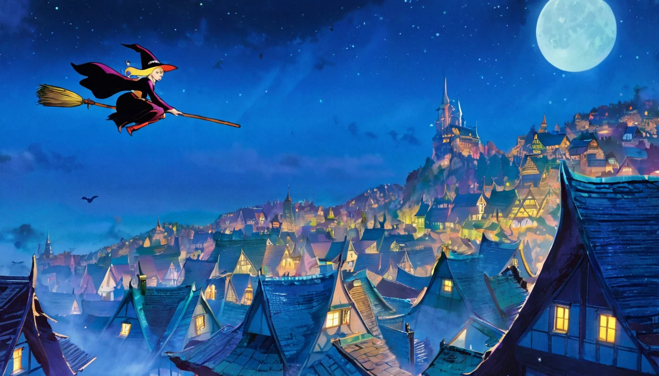 Woman flying in the air astride a broom,witch,Blonde,Below are houses and forests.
