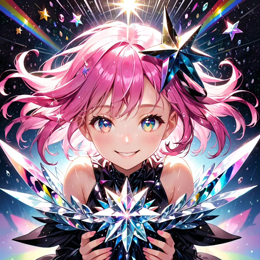 absurdres, superfine illustration,rainboweffect, highres, ultra detailed,light diffusion,highly detailed light reflection, kaleidoscope, harmonious, best shadow, highly detailed very beautiful big smile face, ;D, beautiful growing crystal diamond star pupil,look at viewer, beautiful detailed hair, solo, dynamic pose, beautiful detailed pink and black ribon, beautiful detailed High , Fantastic and the whole shines and shooting star and the wind is strong in detail background