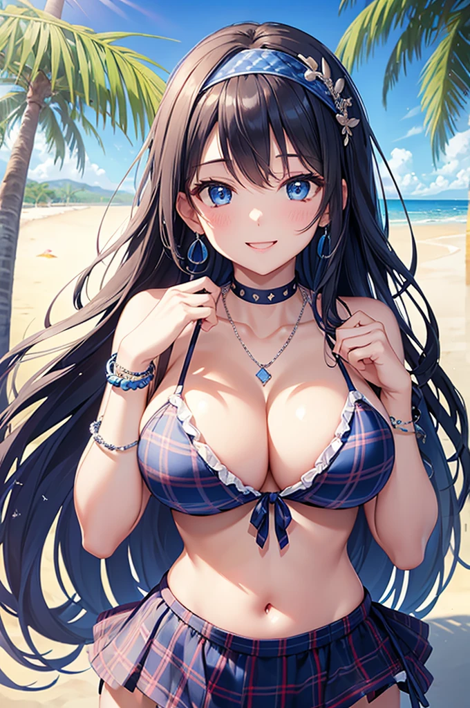 Highest quality、Highest quality、masterpiece、Beauty(Age 25)、(8K),Navy blue long hair、blue eyes、Sexy plaid bikini、Big cleavage、(Big Breasts),smile、blue necklace、Blue Earrings、background(Beach)、Please open your mouth wide、Plaid headband、bracelet、Dynamic pose、Blue choker