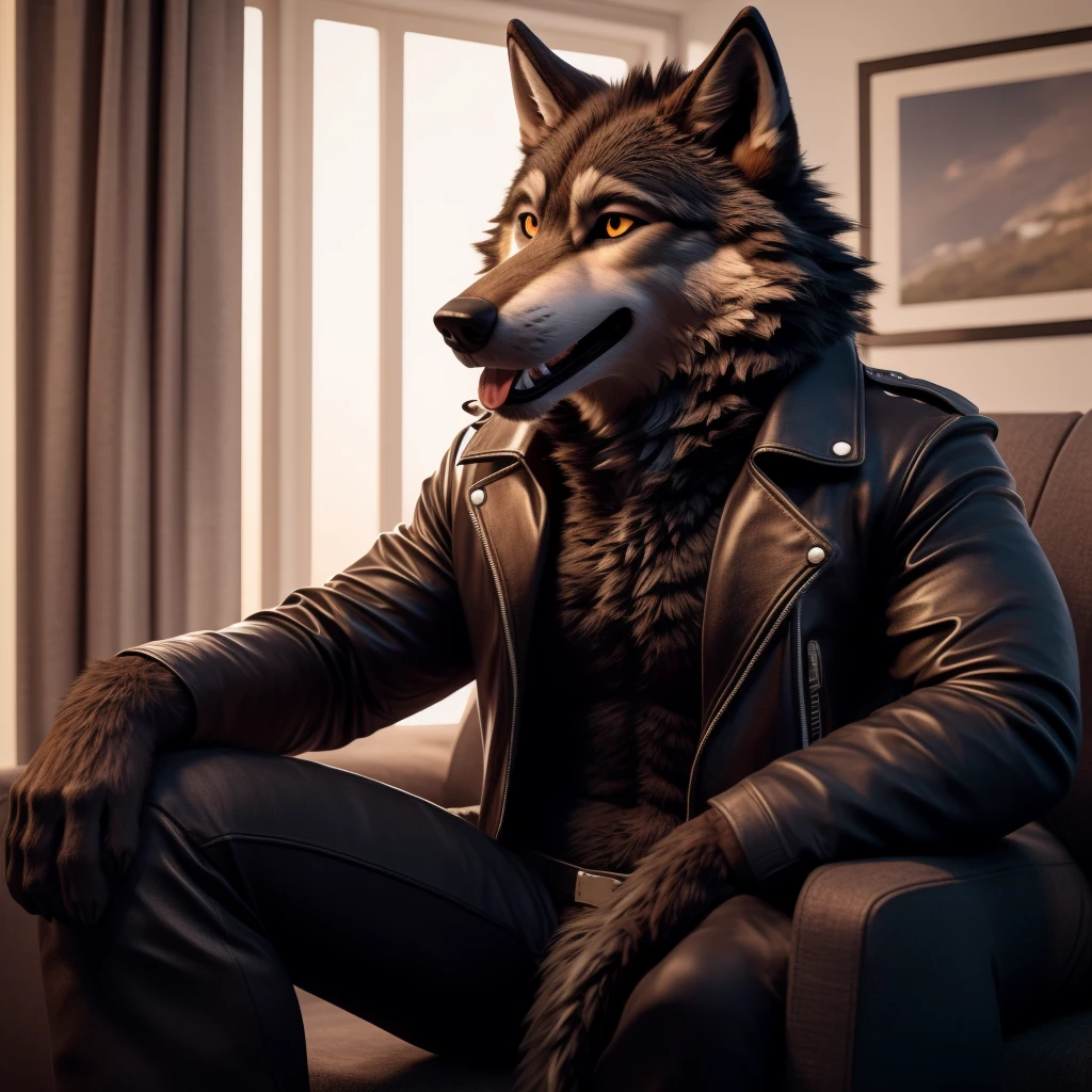 Posing, Male, 30 years old, happy, mouth open with tongue hanging out, black leather jacket, anthro, wolf ears, (black fur:1.5), wolf, log cabit backgroud, 8k, hi res, (best quality, masterpiece), (wolf tail:1.5), detailed fur, sitting on couch