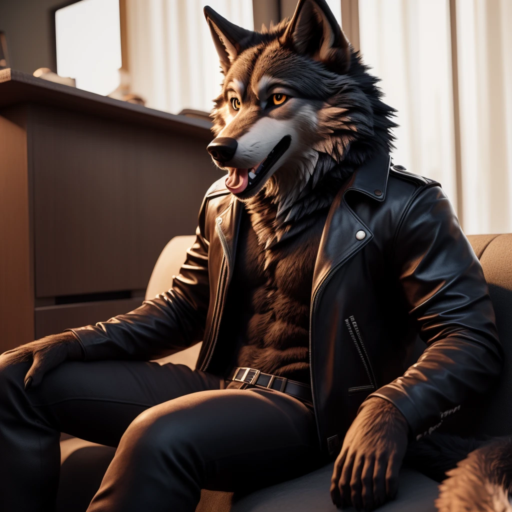 Posing, Male, 30 years old, happy, mouth open with tongue hanging out, black leather jacket, anthro, wolf ears, (black fur:1.5), wolf, log cabit backgroud, 8k, hi res, (best quality, masterpiece), (wolf tail:1.5), detailed fur, sitting on couch