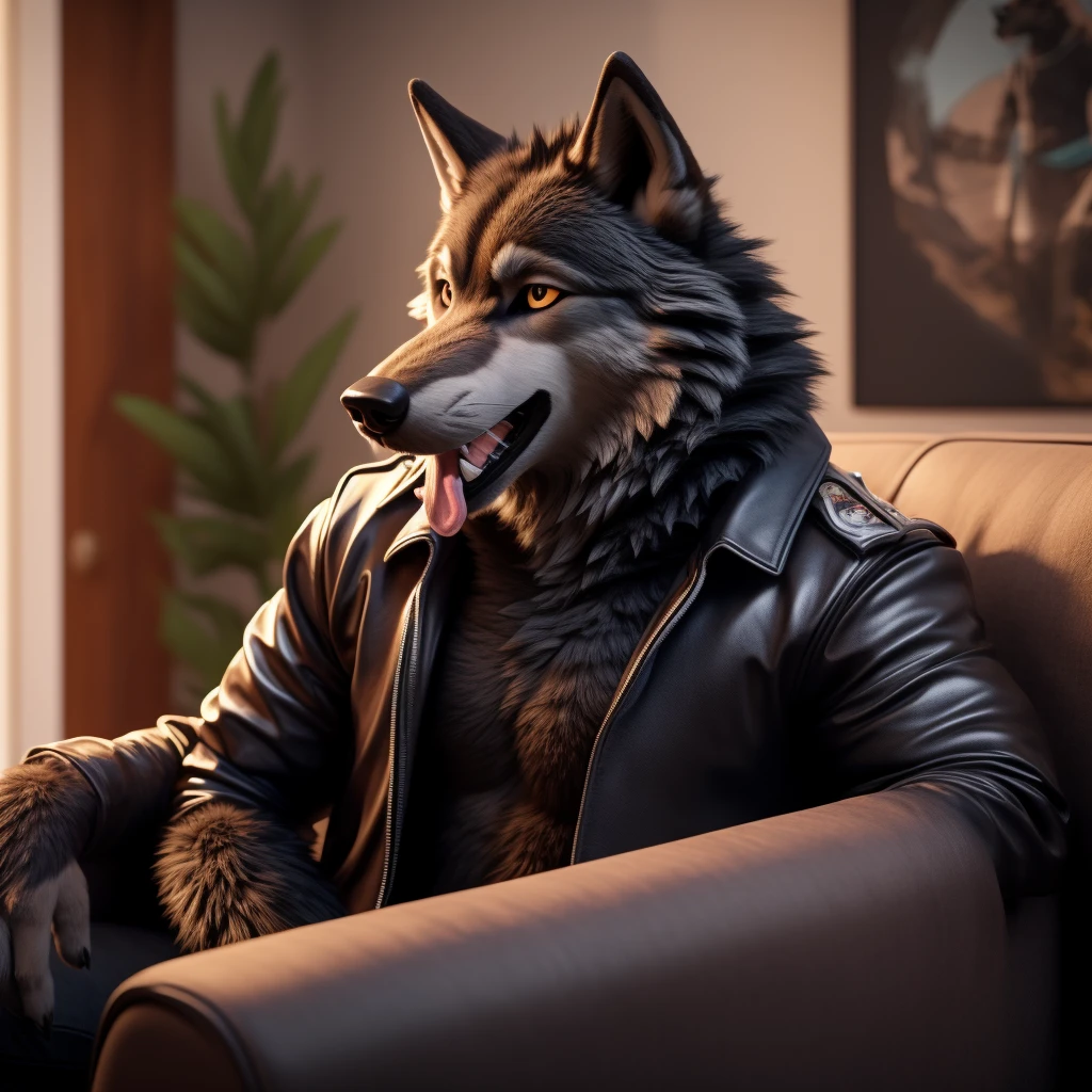 Posing, Male, 30 years old, happy, mouth open with tongue hanging out, black leather jacket, anthro, wolf ears, (black fur:1.5), wolf, log cabit backgroud, 8k, hi res, (best quality, masterpiece), (wolf tail:1.5), detailed fur, sitting on couch