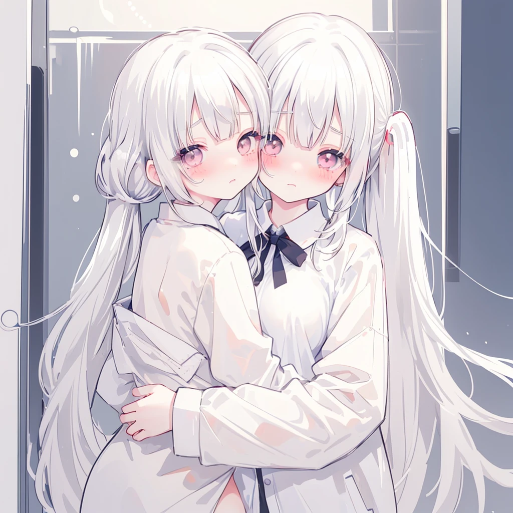 White hair in twin tails、Two beautiful girls、Oversized shirt、blush、Young face、Small breasts、Not wearing underwear、blush、Hugs、Shoulders are exposed