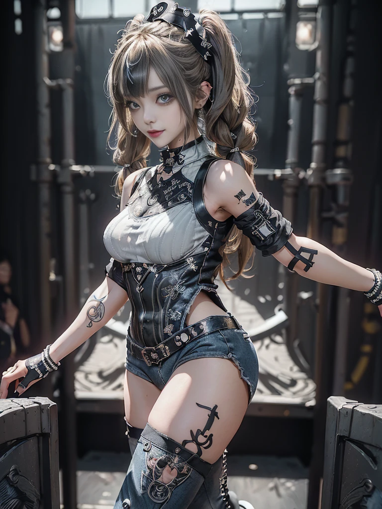 (Full Body View:1.4)、(Side view:1.1)、(Smiling with teeth showing:1.3),(Shibuya Gal:1.5)、(Gothic Lolita style fashion:1.5)、(Punk RockVisual Kei:1.5)、(Wearing a rhythmic gymnastics bodysuit with intricate details:1.4)、(Racing suit and pants with intricate decorations in white, denim and charcoal:1.5)、(Denim and light blue and white boots:1.3)、((belt))、(Numerous delicate logo marks all over the costume:1.4)、(collar:1.3)、(Striped underwear:1.5)、20-year-old、NSFW、((Highest quality、In 8K、masterpiece:1.3))、Sharp focus:1.2、(Layered Cut、Huge boobs:1.1),Beautiful woman with perfect figure:1.4、(Dancing vigorously:1.3)、Slender Abs:1.2、Highly detailed face and skin texture、Detailed eyes、double eyelid,(Twin tails:1.3)、(Brown-golden hair:1.3)、Gravure idol、(The background is the stage of the fashion show:1.3)、(Slim body:1.3),(Make your legs thinner:1.4),（clavicle:1.1）、(Thin and slim thighs:1.3)