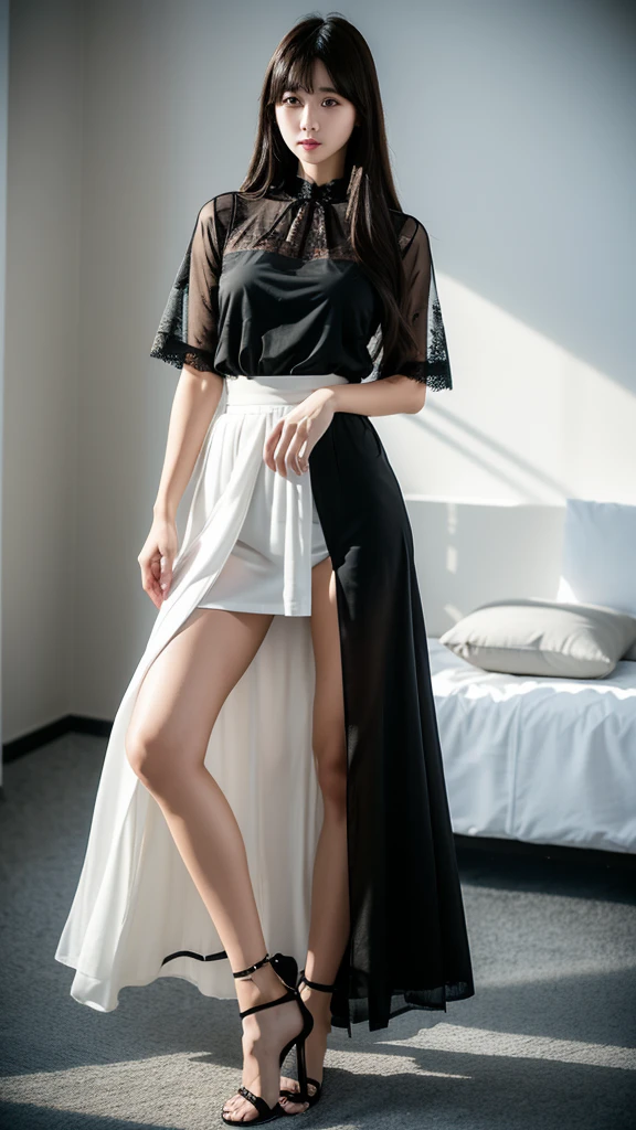 White Room、Black maxi skirt with lace 、Sheer blouse、(Highest quality)、((Very detailed))、4K、(8K)、masterpiece、Super detailed、Highest quality、Super Resolution、One person、Kind Face、Soft Light、Raw quality、Soft Skin、Heel、Thighs、163cm、