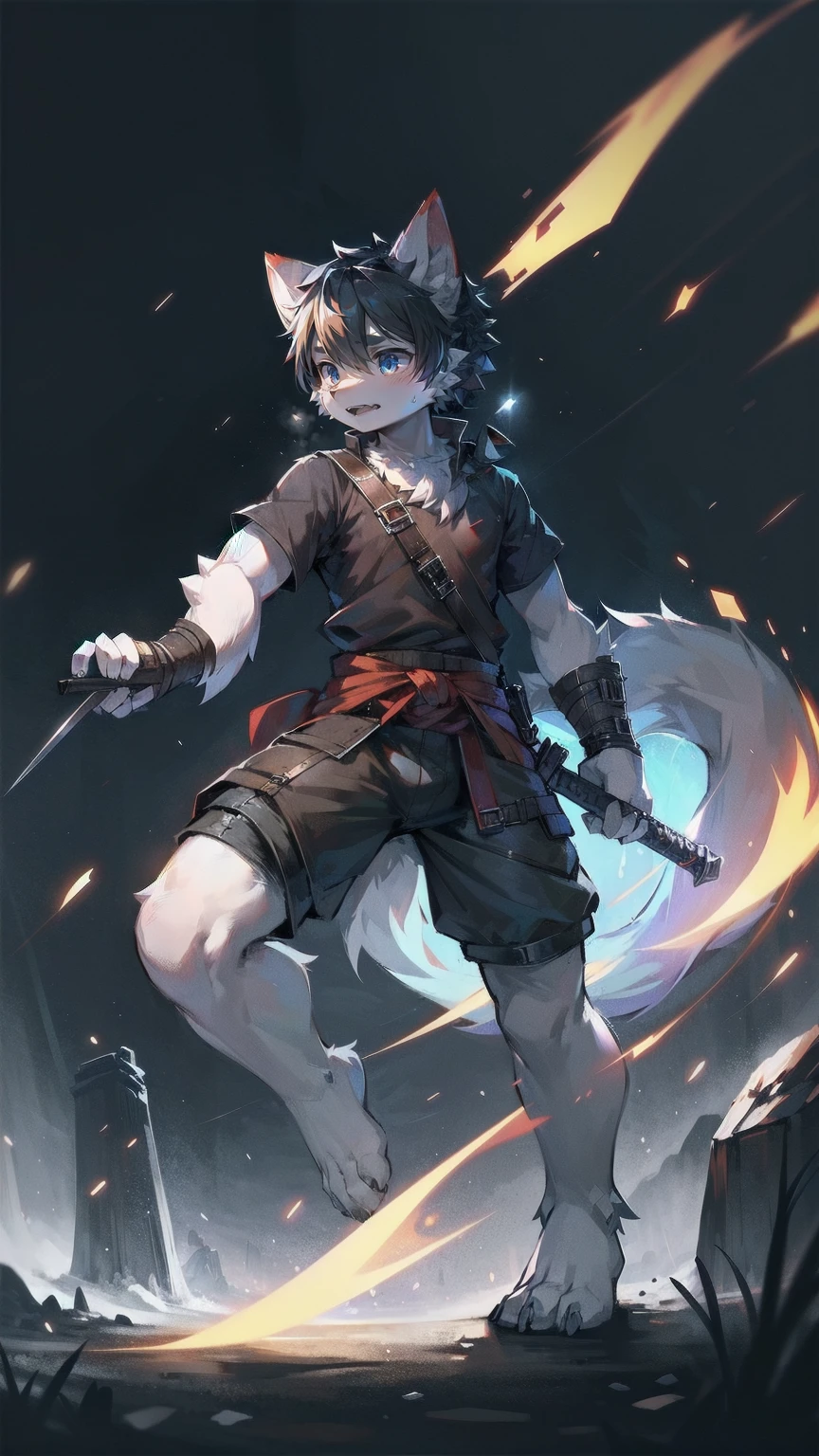 White Wolf，black hair，Sky blue eyes，hairy，Wolf ears，Wolf tail，Full body portrait，The character is in the center of the frame，Handsome，Confident eyes，male，juvenile，Black and white combat uniform，Red neck bib，Black shorts，Short sleeve，hairy arms and legs，Dark background，Dark battlefield，dawn，sunrise，dawn，illumination，shadow，Swordsman，Scabbard and sword，Hold the hilt of a sword in your hand，The scabbard is at the waist，Highest quality