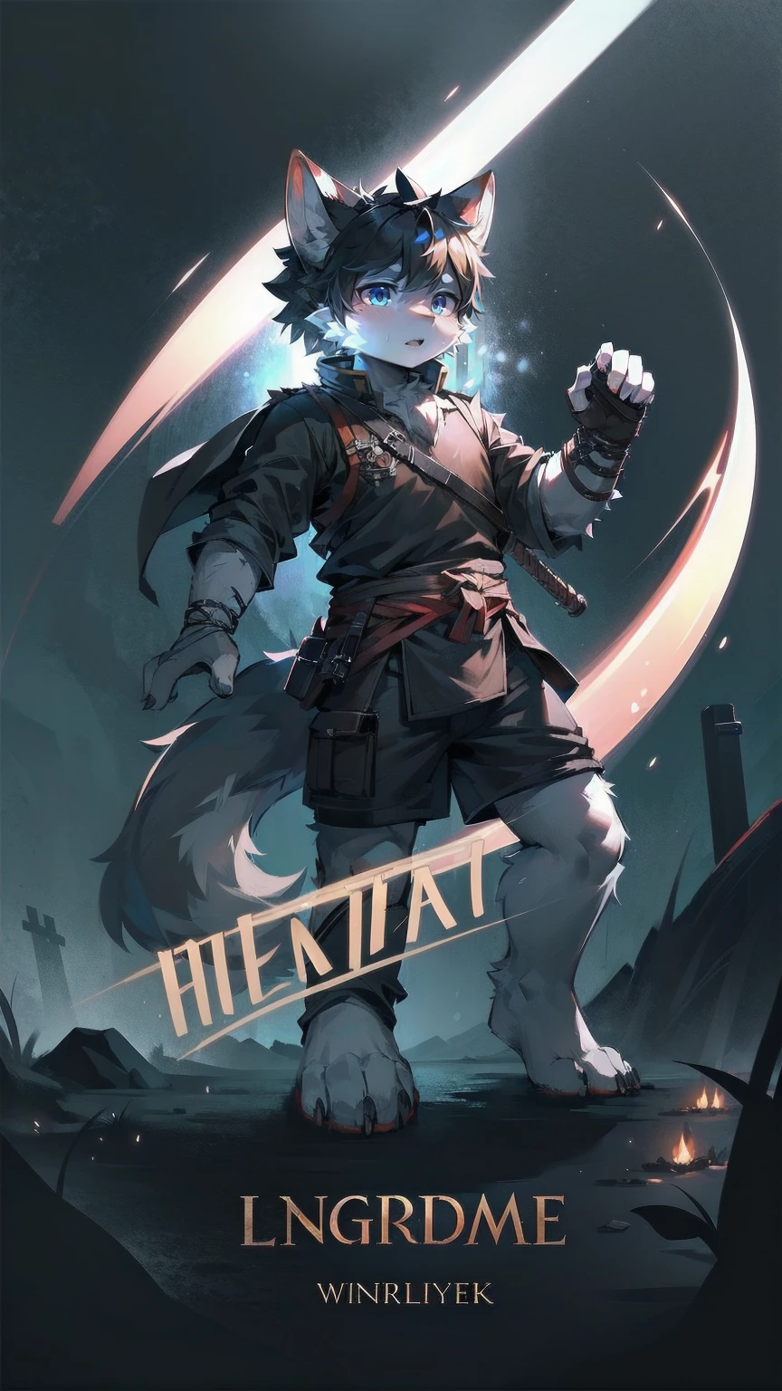 White Wolf，black hair，Sky blue eyes，hairy，Wolf ears，Wolf tail，Full body portrait，The character is in the center of the frame，Handsome，Confident eyes，male，juvenile，Black and white combat uniform，Red neck bib，Black shorts，Short sleeve，hairy arms and legs，Dark background，Dark battlefield，dawn，sunrise，dawn，illumination，shadow，Swordsman，Scabbard and sword，Hold the hilt of a sword in your hand，The scabbard is at the waist，Highest quality