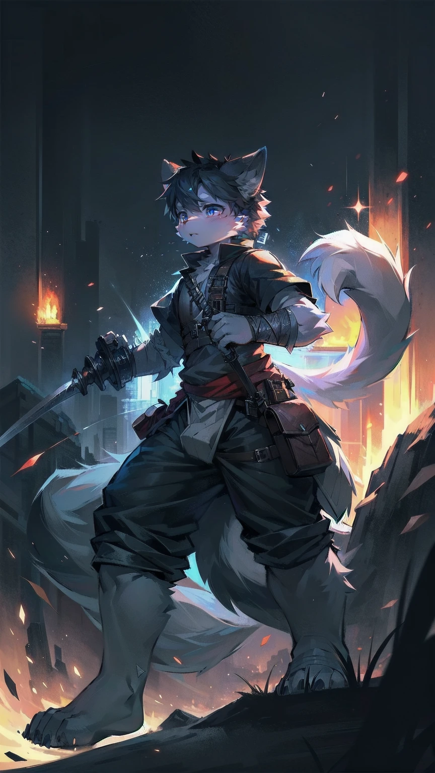 White Wolf，black hair，Sky blue eyes，hairy，Wolf ears，Wolf tail，Full body portrait，The character is in the center of the frame，Handsome，Confident eyes，male，juvenile，Black and white combat uniform，Red neck bib，Black shorts，Short sleeve，hairy arms and legs，Dark background，Dark battlefield，dawn，sunrise，dawn，illumination，shadow，Swordsman，Scabbard and sword，Hold the hilt of a sword in your hand，The scabbard is at the waist，Highest quality