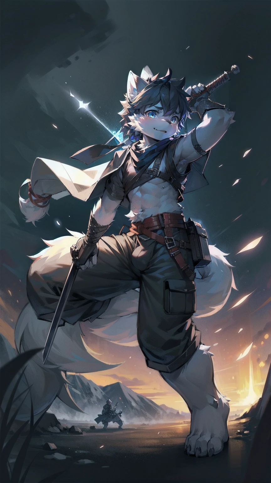 White Wolf，black hair，Sky blue eyes，hairy，Wolf ears，Wolf tail，Full body portrait，The character is in the center of the frame，Handsome，Confident eyes，male，juvenile，Black and white combat uniform，Red neck bib，Black shorts，Short sleeve，hairy arms and legs，Dark background，Dark battlefield，dawn，sunrise，dawn，illumination，shadow，Swordsman，Scabbard and sword，Hold the hilt of a sword in your hand，The scabbard is at the waist，Highest quality