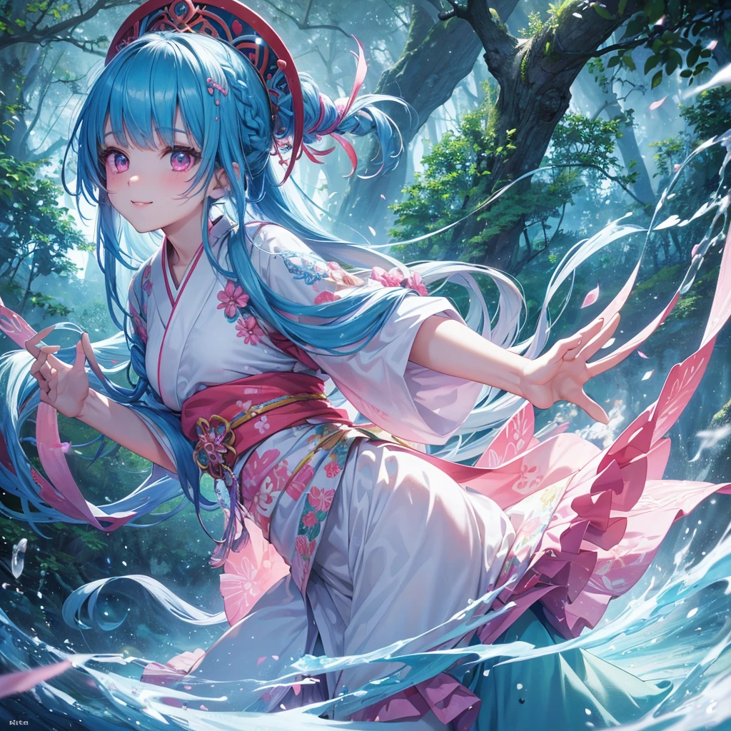 sky Blue hair, (braided ponytail),(pink eyes),fair skin ,(full body),1 girl,smile,white red kimono,Fresh green forest,Forest Goddess,Straight Bangs,(masterpiece, best quality, ultra-detailed, best shadow), (detailed background), (beautiful detailed face), high contrast, (best illumination, an extremely delicate and beautiful), ((cinematic light)), colorful, hyper detail, dramatic light, intricate details,guardian of the forest,Leaf Blizzard,