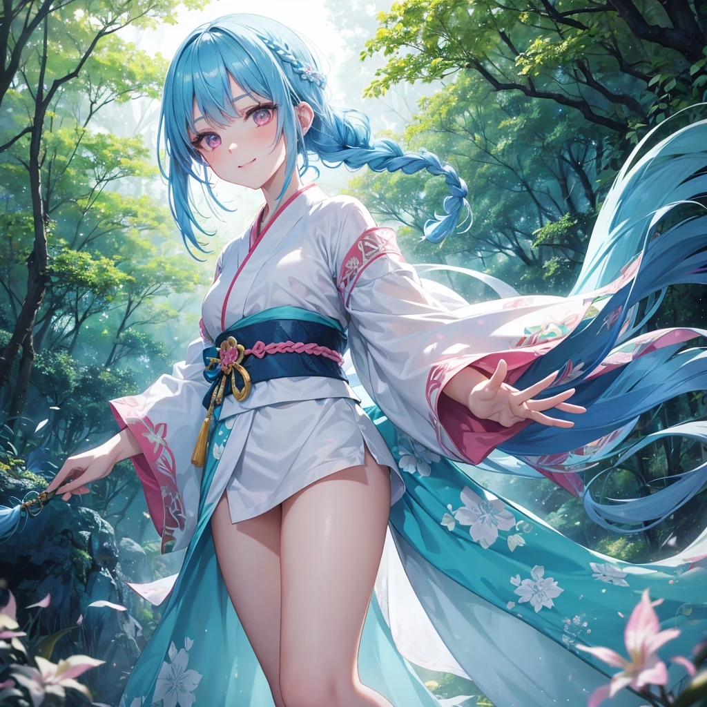 sky Blue hair, (braided ponytail),(pink eyes),fair skin ,(full body),1 girl,smile,white red kimono,Fresh green forest,Forest Goddess,Straight Bangs,(masterpiece, best quality, ultra-detailed, best shadow), (detailed background), (beautiful detailed face), high contrast, (best illumination, an extremely delicate and beautiful), ((cinematic light)), colorful, hyper detail, dramatic light, intricate details,guardian of the forest,Leaf Blizzard,