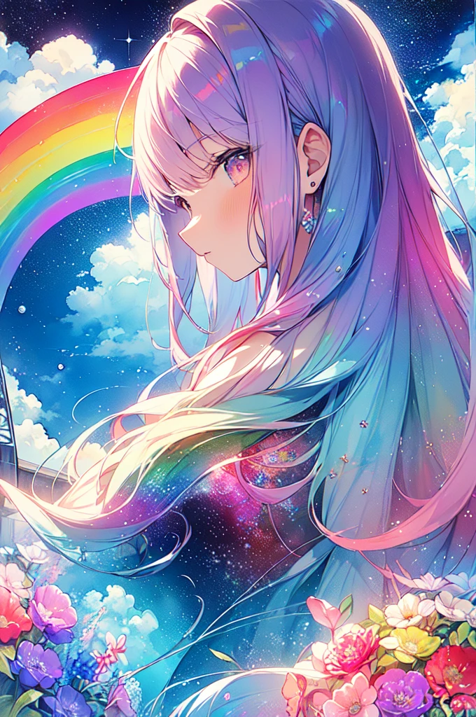 (masterpiece, Highest quality, Highest quality,watercolor (Moderate),Official Art, beautifully、beautiful:1.2),(1 Girl:1.3), (Fractal Art:1.3),Upper Body, From the side, Looking at the audience,pattern,(Rainbow Hair,colorful hair,Half blue、Half pink hair:1.2),water,liquid, cloud,colorful, Starry Sky,performer,