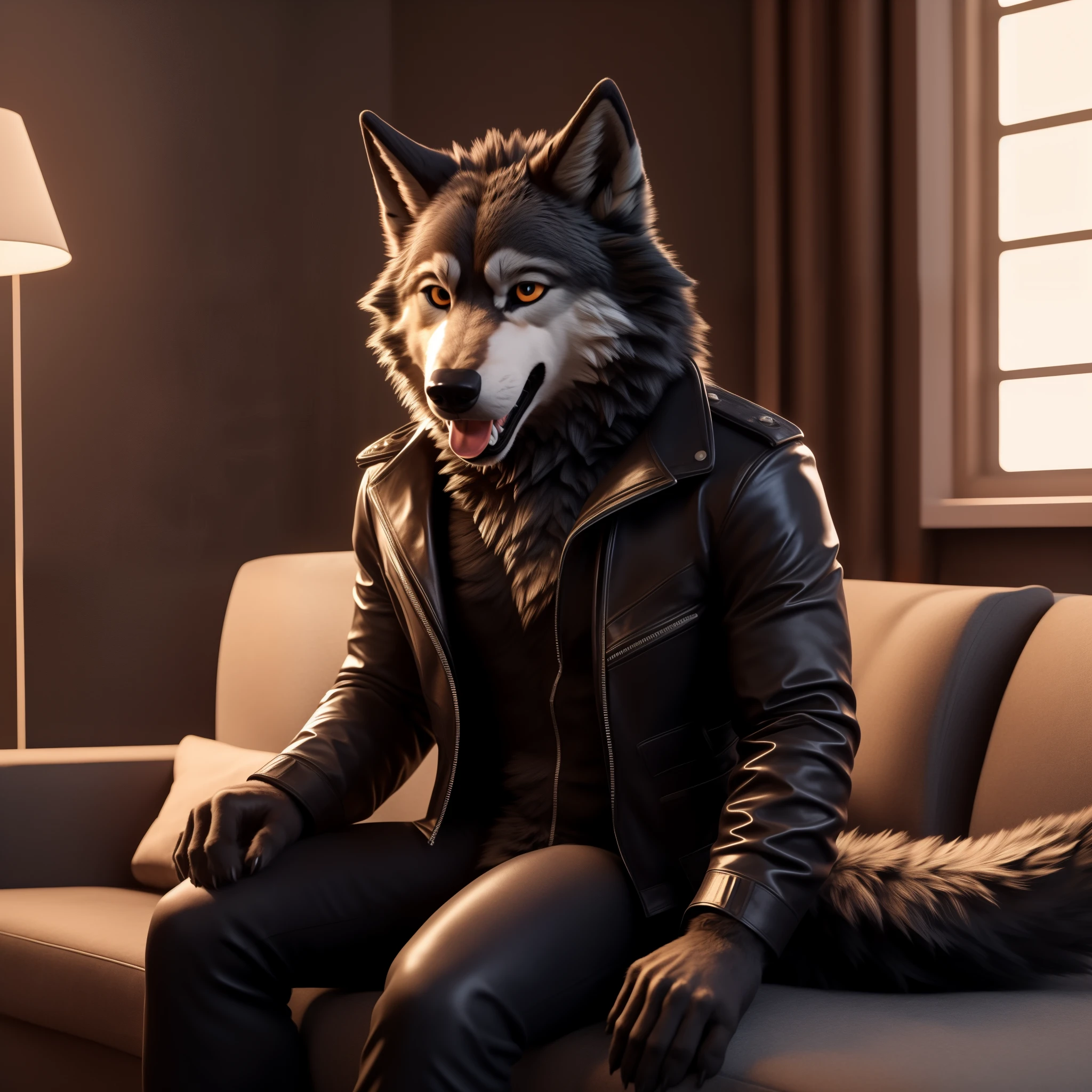 Posing, Male, 30 years old, playful wink, mouth open with tongue hanging out, black leather jacket, anthro, wolf ears, (black fur:1.5), wolf, log cabit backgroud, 8k, hi res, (best quality, masterpiece), (wolf tail:1.5), detailed fur, sitting on couch
