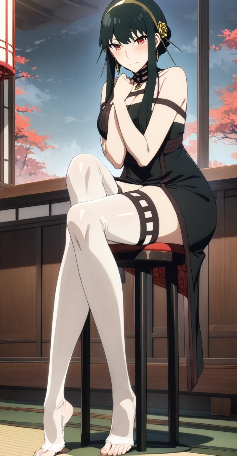 anime female characters, (masterpiece), (highest quality), (best quality), (super high),yorbriar, yor briar, 1girl,japanese scenery,next,white garter stockings,sexy,stool,sit on stool, Raised feet, sensual, stockings translucent, feet, feet close-up, toes, sexy, charming, shy expression, long black hair, straight hair, bangs covering part of the forehead, red eyes, gentle gaze, soft expression, shy, Tight black dress, high slit dress, suspender design, shiny fabric, revealing, golden hairpin, black fingerless gloves, simple necklace, thigh strap, dagger or dagger, metallic luster, worn on waist or hand