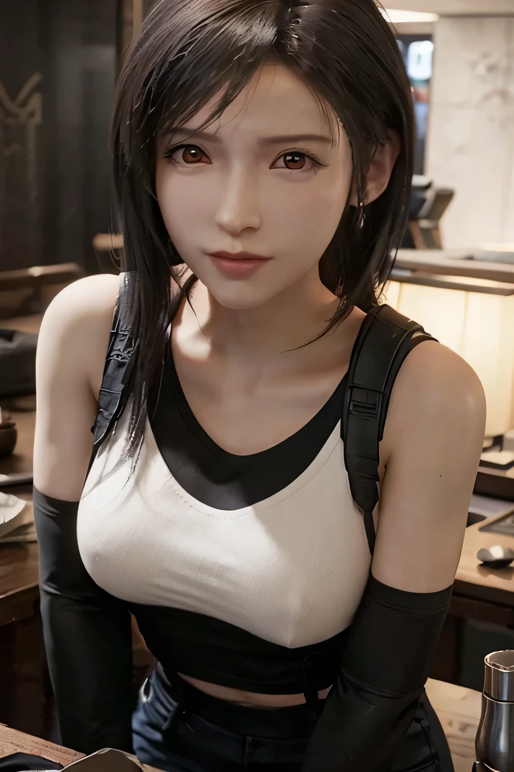 (masterpiece), (Best image quality), 8K resolution, Ultra-detailed, Ultra-detailed, realism, (One Girl), Tifa, Final Fantasy, Tifa lockhart, Light of the sun, Cinematic, Cool pose, Concrete wall,Metal Pipe,Red Eye App Explained,Fine double eyelids,short hair、Dark brown,thin,Model Body Type,No makeup、Bust B cup