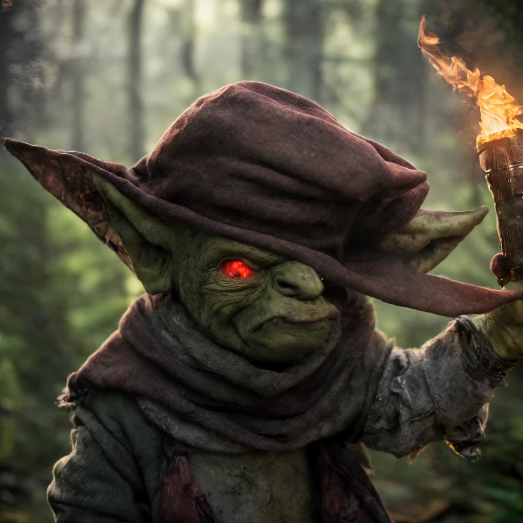 (masterpiece)+, (extremely (realistic)+,a portrait of an extremely ugly green skined goblin male bard , red eyes, green skin, dirty, Holding a torch in one hand and ventriloquist dummy in other, Wearing scarf over the face, wearing ragged and dirty hat and rags, Agitated stare. Looking in camera. volumetrics dtx, Photorealistic, ultra detailed, Artstation trending, very very detailed, realistic shaded lighting, dynamic shadows, detailed Forest background, upper body, professional photograph of a detailed skin, sharp focus, dramatic, award winning, cinematic lighting, octane render, unreal engine, volumetrics dtx, Photorealistic, ultra detailed, Artstation trending, very very detailed, hyperrealistic, fine details, realistic shaded lighting, dynamic shadows, Forest background, add_detail:1, skin pores and wrinkles, details.,More Reasonable Details
