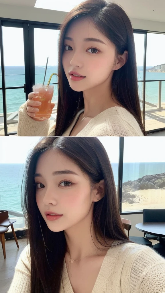(highest quality、table top、8k、best image quality、Award-winning work)、One cute beauty、straight medium hair、(alone:1.2)、(White Fitted V-Neck Long Sleeve Knit:1.2)、(Close-fitting V-neck long sleeve knit:1.1)、(The Having a drink in a room with a sea view:1.6)、(Perfectly fixed at the front:1.1)、close up of face、(very big breasts:1.3)、(emphasize body line:1.2)、(Perfect female frontal and horizontal portrait with proper margins:1.2)、(Perfect expression of a woman whether viewed from the side or from the front:1.2)、beautiful and detailed eyes、look at me and smile、(Upright photo from the chest up:1.2)、(turn around and look straight at me:1.2)、(perfect makeup:1.1)、bright lipstick、Ultra high definition beauty face、ultra high definition hair、Super high-definition sparkling eyes、Super high resolution perfect teeth、Super high resolution glossy lips、accurate anatomy、very beautiful skin、(Pure white skin shining in ultra-high resolution:1.2)、Elegant upright posture when viewed from the front、(very bright:1.3)
