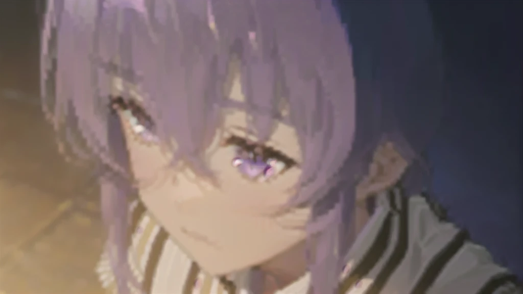a close up of a person with purple hair and a striped shirt, nobutaka ike, shirabii, ayaka genshin impact, hana yata, moe, grimgar, 2 d cg, hajime yatate, tsuaii, megumu okada, smug expression, fus rei, shikamimi, wataru kajika