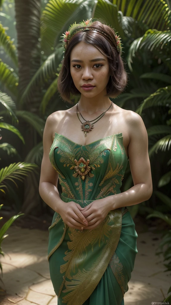 a beautiful Nora Danish Malaysia artist, 1girl, beautiful detailed eyes, beautiful detailed lips, extremely detailed face and features, longeyes, short dark hair, intricate headdress, ornate necklace, elegant flowing dress, standing in a lush tropical garden, vibrant green foliage, blooming flowers, sunlight filtering through trees, (best quality,4k,8k,highres,masterpiece:1.2),ultra-detailed,(realistic,photorealistic,photo-realistic:1.37),concept art, cinematic lighting, warm color palette, rich textures