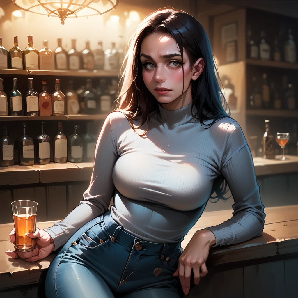8k, best quality, realistic photos, realistic details, clear face, delicate facial features, real skin shine, a cute girl, shy, facing the camera, girl sitting in a bar in a gray fishnet sweater and tight denim, clear bar background, sea view, arms on bar counter, hips, slim body, big breasts, 24 years old, charming, seductive eyes