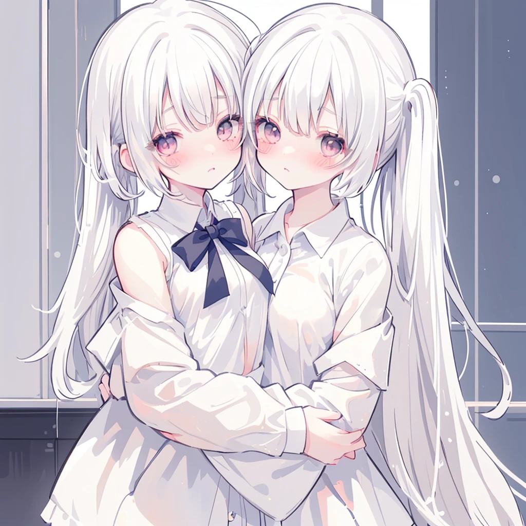 White hair in twin tails、Two beautiful girls、Oversized shirt、blush、Young face、Small breasts、Not wearing underwear、blush、Hugs、Shoulders are exposed