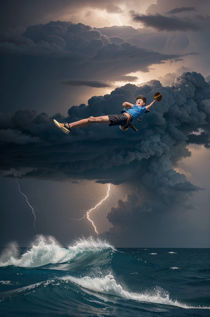 a 12-year-old boy flying in the middle of a sea filled with thunder and lightning strikes wielding a hammer