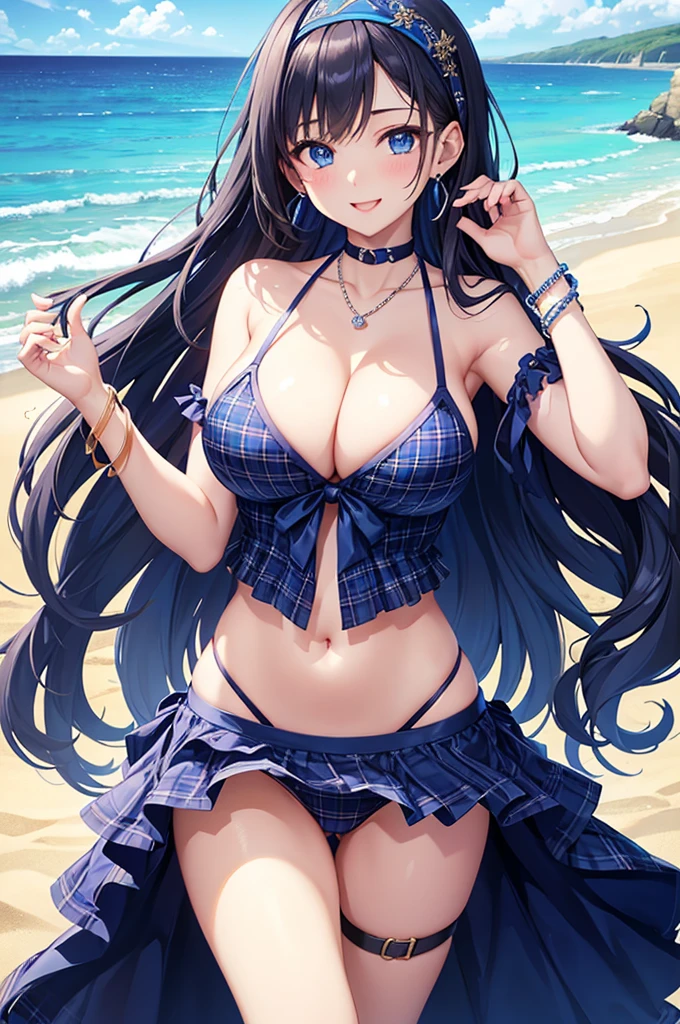 Highest quality、Highest quality、masterpiece、Beauty(5)、(8K),Navy blue long hair、blue eyes、Sexy id bikini、Big cleavageeasts),smiklace、Blue Earrings、background(Beach)、Please open your mouth wide、Plaid headband、bracelet、Dynamic pose、Blue choker