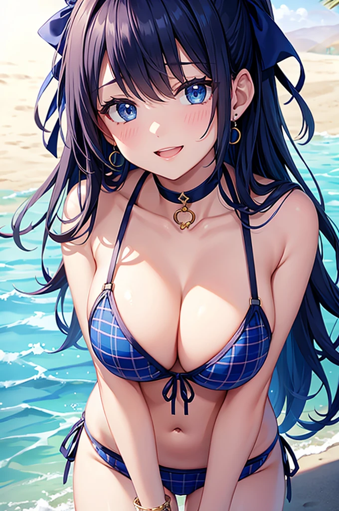 Highest quality、Highest quality、masterpiece、Beauty(5)、(8K),Navy blue long hair、blue eyes、Sexy id bikini、Big cleavageeasts),smiklace、Blue Earrings、background(Beach)、Please open your mouth wide、Plaid headband、bracelet、Dynamic pose、Blue choker