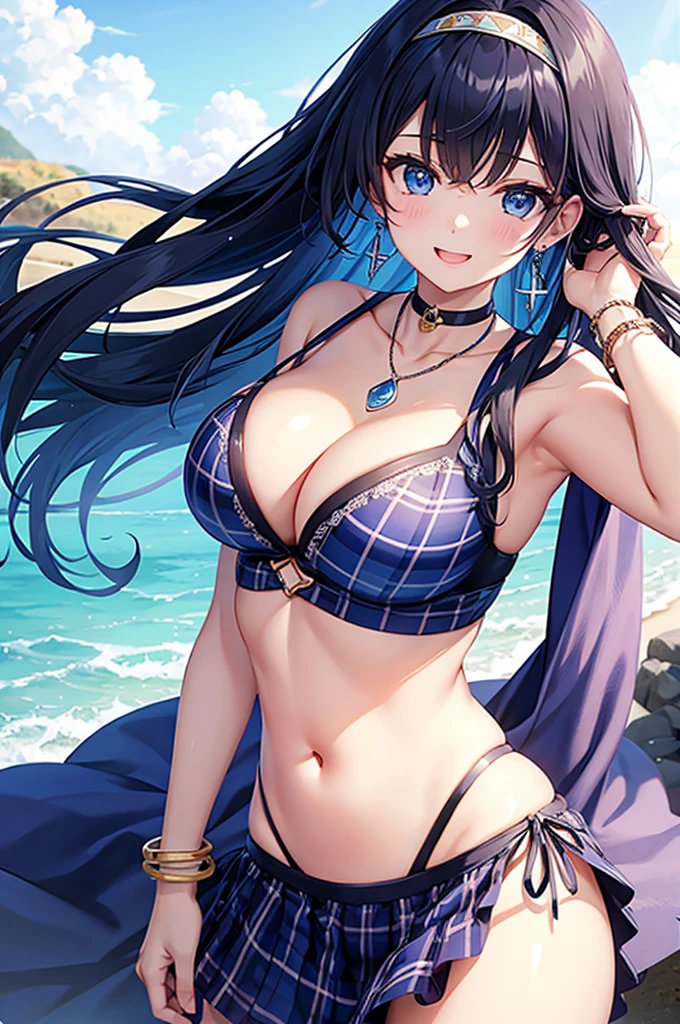 Highest quality、Highest quality、masterpiece、Beauty(Age 25)、(8K),Navy blue long hair、blue eyes、Sexy plaid bikini、Big cleavage、(Big Breasts),smile、blue necklace、Blue Earrings、background(Beach)、Please open your mouth wide、Plaid headband、bracelet、Dynamic pose、Blue choker