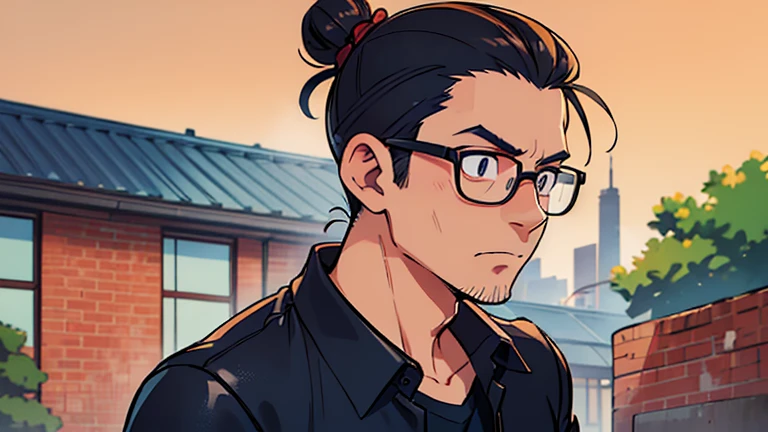 japanese,((Wearing a dark navy leather shirt)) ((Startup CEO)) ((male)) ((37 years old)) ((The hairstyle is a two-block man bun.)) ((The background is an outdoor brick building)) ((Artist profile photo)) ((cool)) Look diagonally forward,Glasses