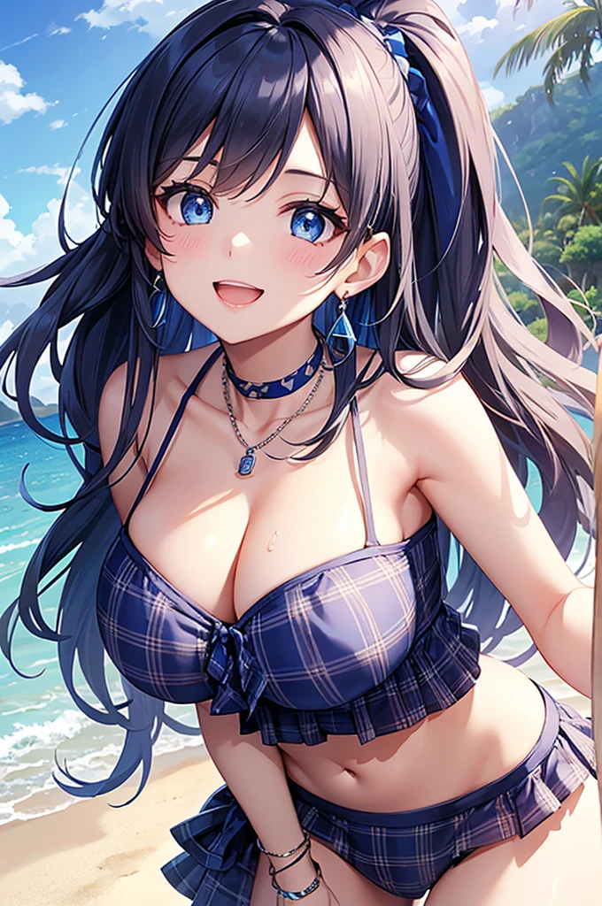 Highest quality、Highest quality、masterpiece、Beauty(Age 25)、(8K),Navy blue long hair、blue eyes、Sexy plaid bikini、Big cleavage、(Big Breasts),smile、blue necklace、Blue Earrings、background(Beach)、Please open your mouth wide、Plaid headband、bracelet、Dynamic pose、Blue choker