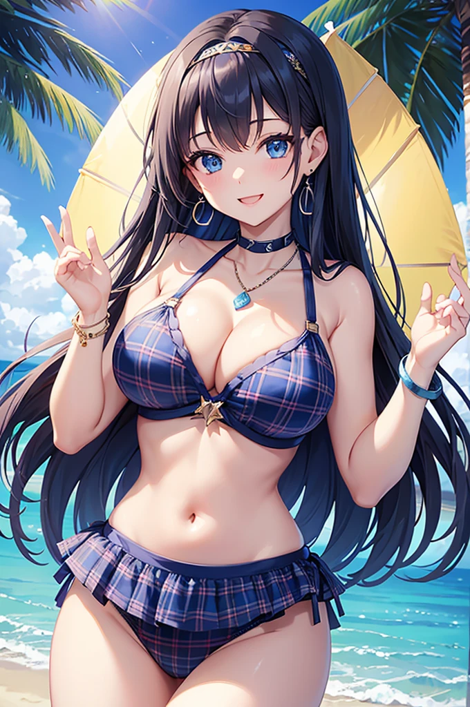 Highest quality、Highest quality、masterpiece、Beauty(Age 25)、(8K),Navy blue long hair、blue eyes、Sexy plaid bikini、Big cleavage、(Big Breasts),smile、blue necklace、Blue Earrings、background(Beach)、Please open your mouth wide、Plaid headband、bracelet、Dynamic pose、Blue choker