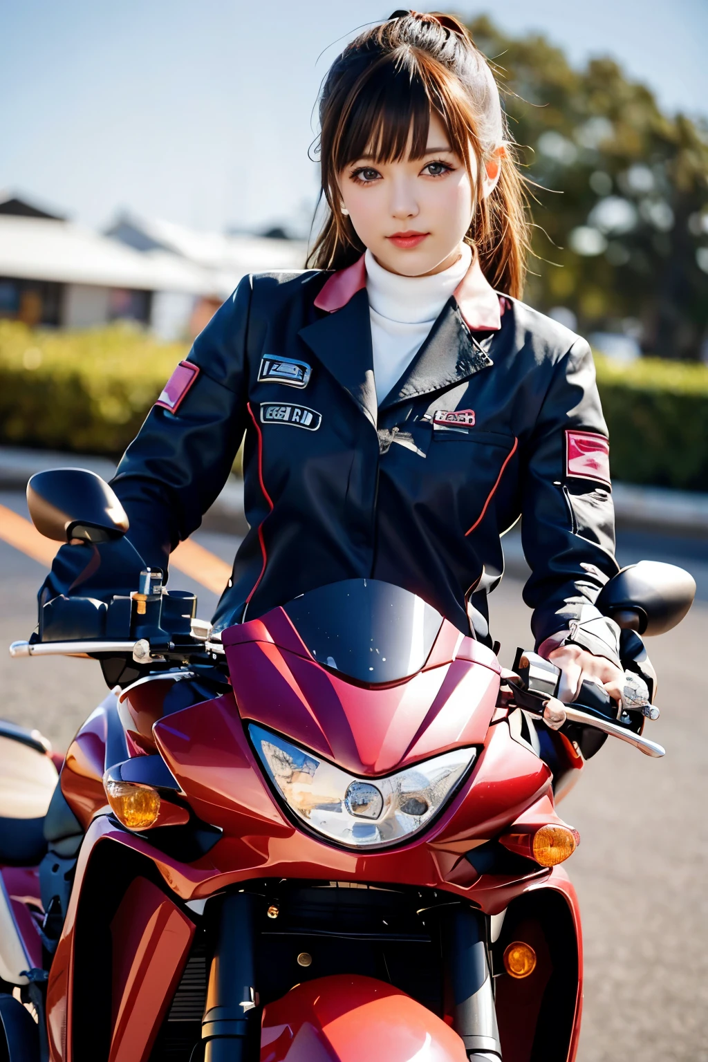 Japan  riding motorcycle,Happy!!!, , motorcycle,[ Realistic pictures ]!!, High resolution,Sleeveless、白いパンティが見えているarafed woman in red shirt sitting on a black motorcycle, Cyclists, motorcycle, Realistic artstyle, Super detailed. Digital Painting, Sitting on a cyberpunk bike, Digital illustration style, Airbrush Rendering, Realistic!!!!!!! Art Style, motorcycles, style Digital Painting, Airbrush Digital Oil Painting, in style of Digital Painting, Close-up shot, Realistic picture