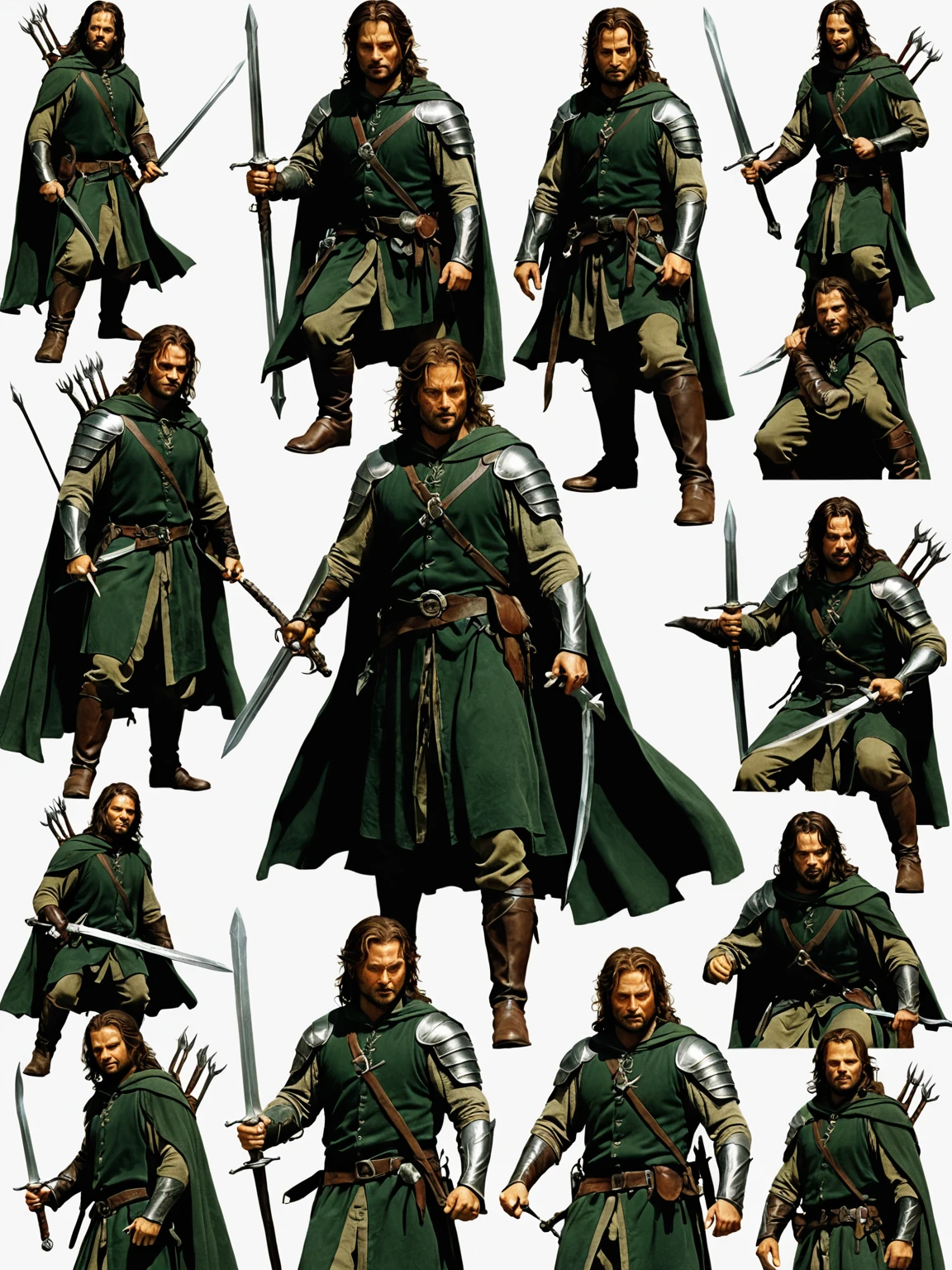 aragorn from the lord of the rings in various poses