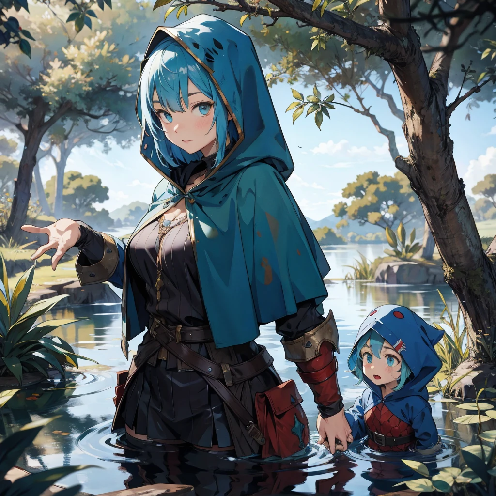 female water dwarf in the swamp with medieval adventurer outfit hood