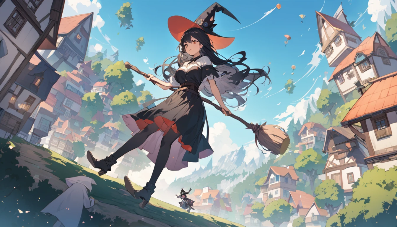 Woman flying in the air astride a broom,witch,Black Hair,Below are houses and forests.