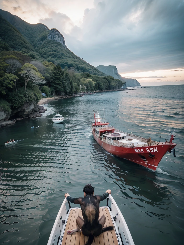 A ship on the open sea、Wooden Vessels、On the ship was a young man in armor, a dog, a monkey, and a pheasant.、View of the island from the back of the boat、A little further ahead is the island where demons live.、There is a demon living on the island,RAW Photos,Very high resolution、Realistic photos