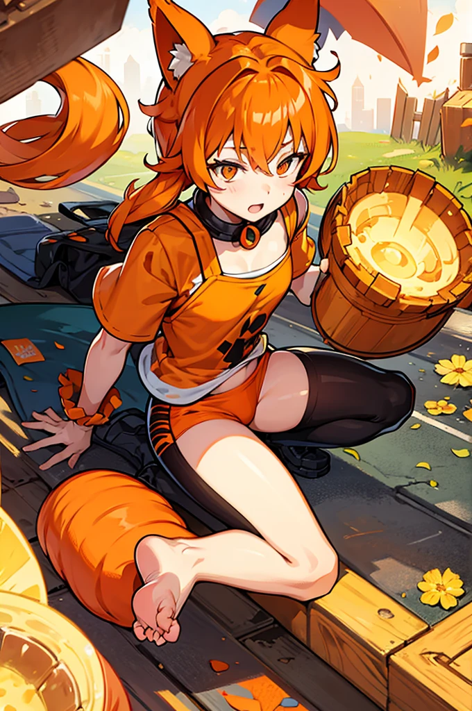 orange hair girl,orange kitty ears,very torn clothes,many wounds on his body